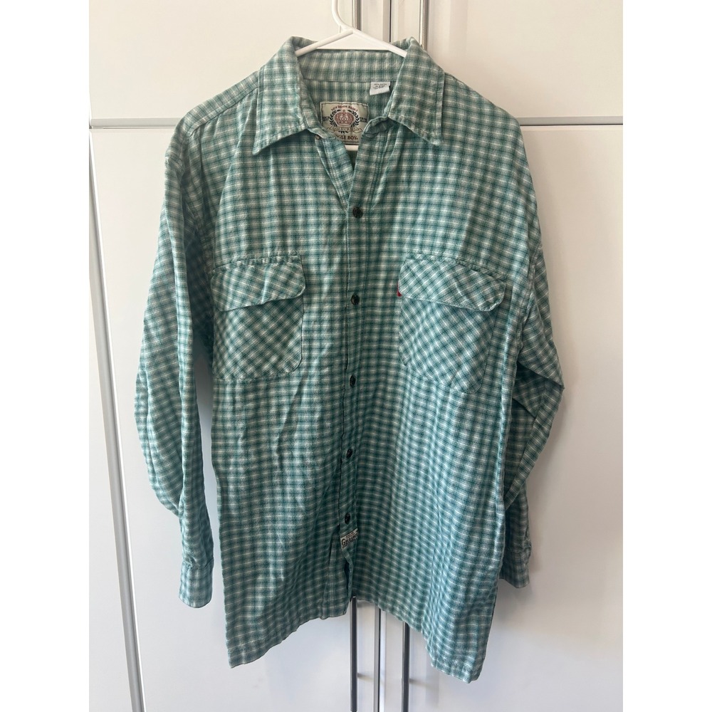 Bugle Boy Gold Crest Mens Green Plaid Flannel Button Down Shirt Cotton L